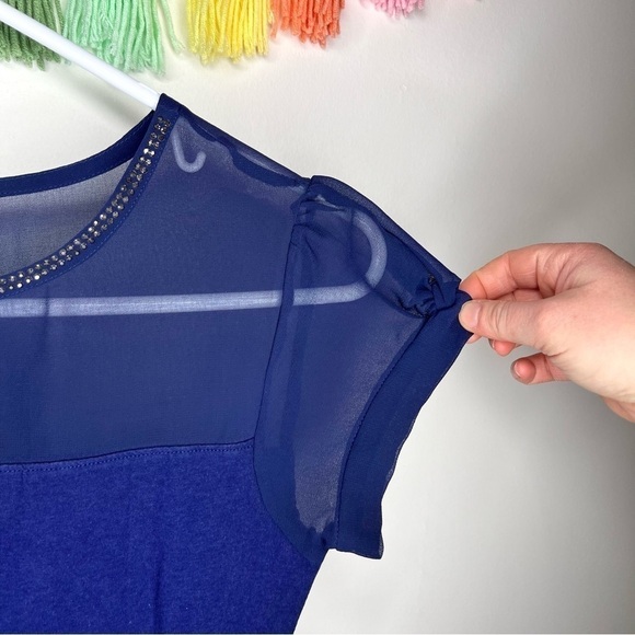 Express Blue Short Sleeve Mesh Formal Dressy Business Casual Blouse Extra Small - Picture 6 of 14